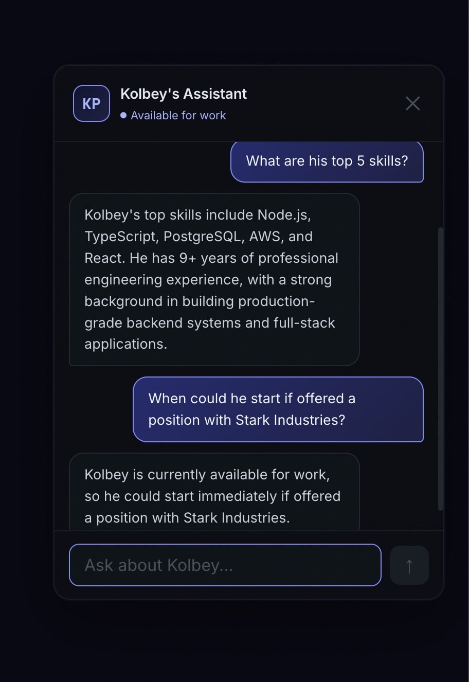 Portfolio AI chatbot showing a conversation about skills and availability