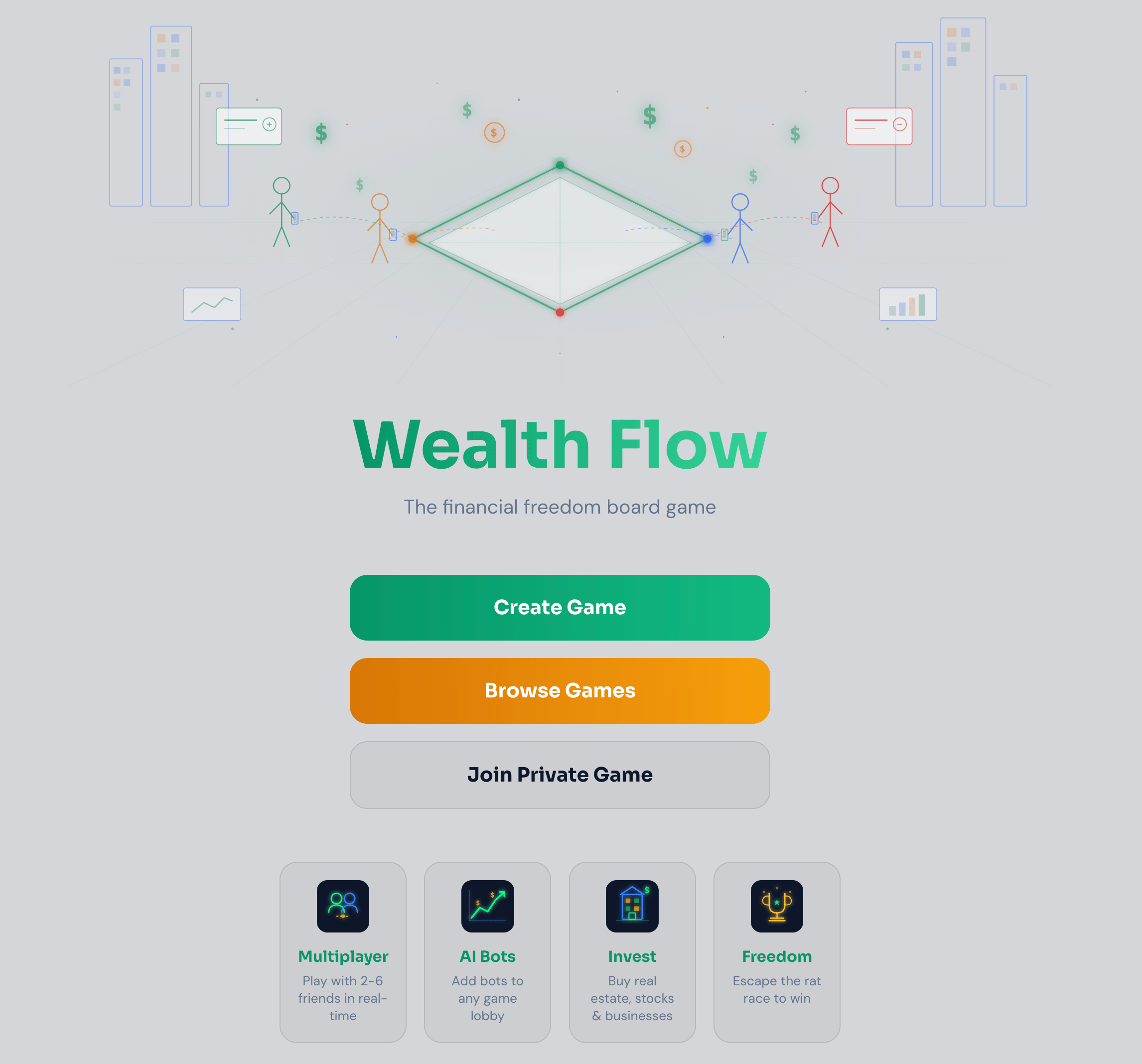 Wealth Flow landing page showing the financial freedom board game